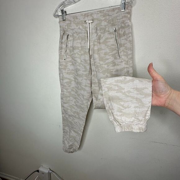 Athleta Cream & Tan Camo Cabo Print Tied Linen Jogger Pant Zip Front Pockets 4 - Picture 5 of 15